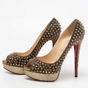 Christian Louboutin Metallic Grey/Gold Lurex Fabric Lady Peep-Toe Spikes sz 40
